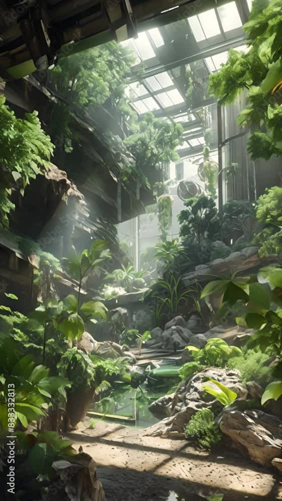 A serene indoor greenhouse with lush foliage and sunlight filtering through a glass ceiling A serene indoor greenhouse with lush foliage and sunlight filtering through a glass ceiling
