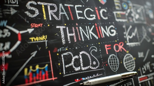 Chalk-Illustrated Economic Graphs and Figures on Blackboard with “STRATEGIC THINKING FOR PCDs” Text