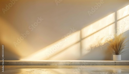Abstract minimalistic golden beige background with incident light from window on wall and floor, product presentation, light beige background, abstract background, golden background