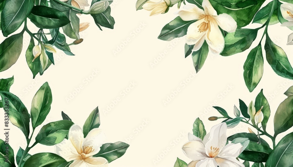 The image is a watercolor painting of a floral frame. It features white and cream colored flowers with green leaves on a beige background. The image is a watercolor painting of a floral frame. It features white and cream colored flowers with green leaves on a beige background.