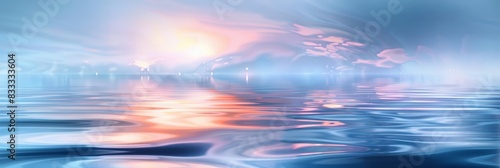 Reflections on a still water surface  blending sky and water with fluid  mirrored shapes in a symphony of blues  whites  and soft sunset colors  ai generated