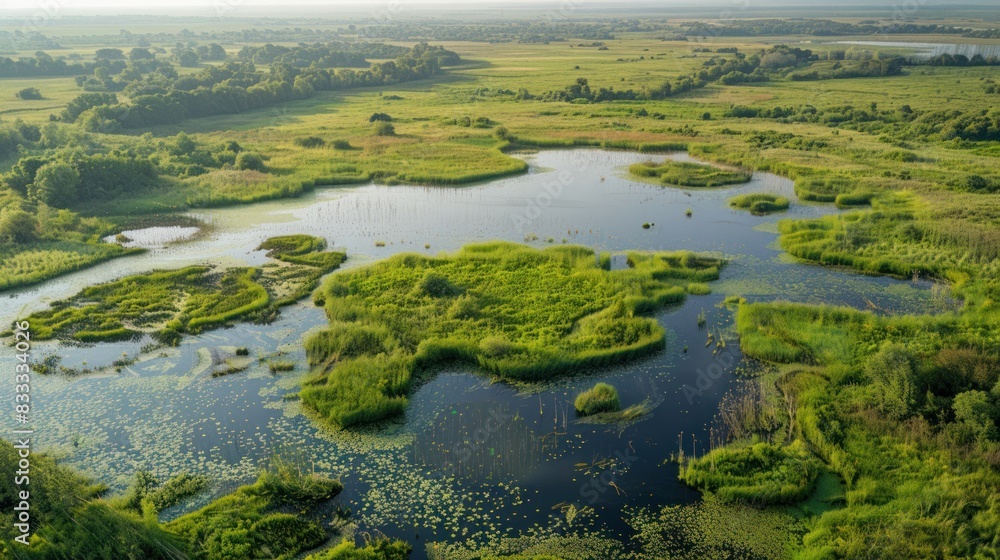 A drone shot of a restored wetland area, demonstrating the environmental restoration efforts supported by carbon credits A drone shot of a restored wetland area, demonstrating the environmental restoration efforts supported by carbon credits
