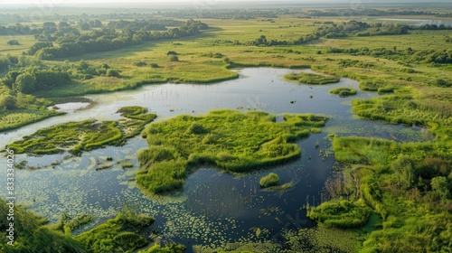 A drone shot of a restored wetland area, demonstrating the environmental restoration efforts supported by carbon credits