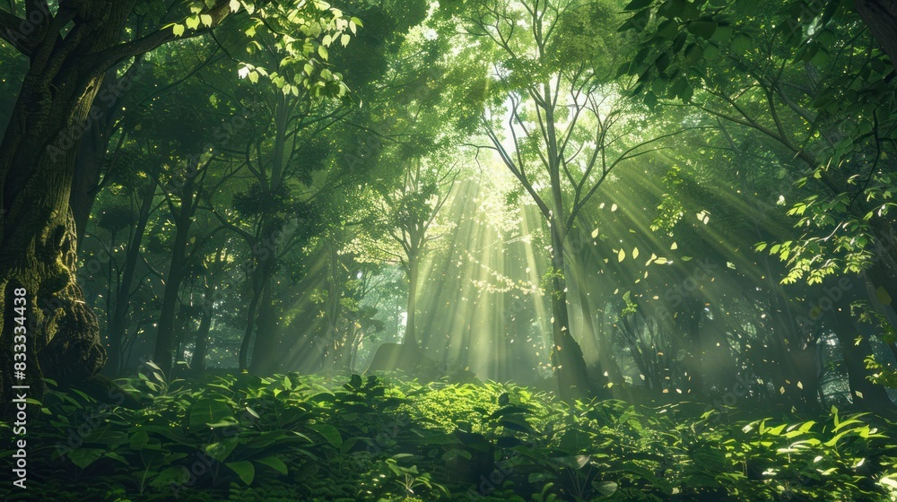Obraz premium A lush green forest with sunlight filtering through the leaves, creating a serene and peaceful atmosphere