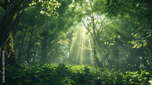 A lush green forest with sunlight filtering through the leaves  creating a serene and peaceful atmosphere