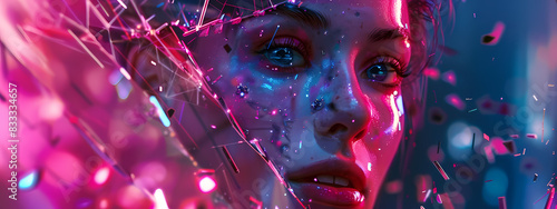 Cyborg Female in Neon-Lit Shattered Glass photo