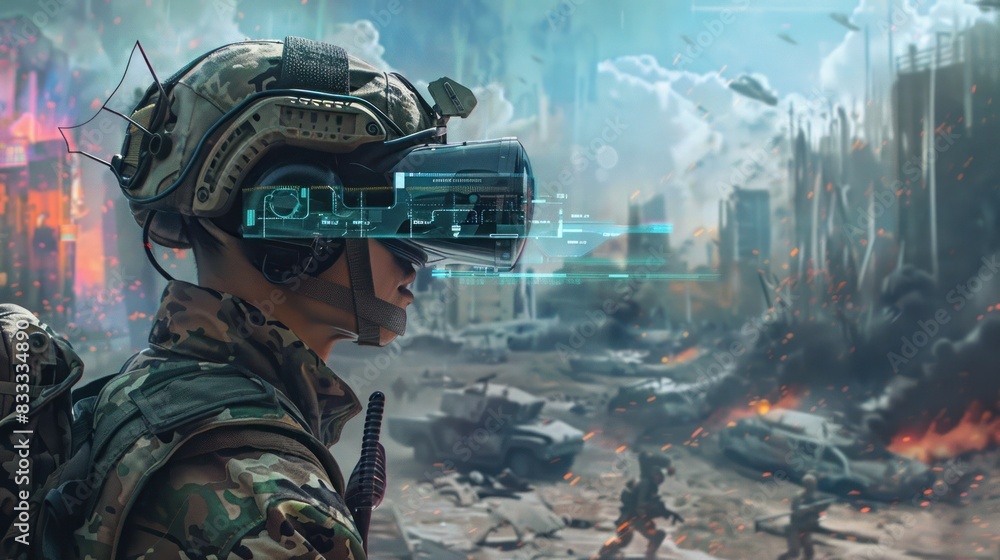 A soldier using an augmented reality visor to gather intel in a war-torn futuristic city A soldier using an augmented reality visor to gather intel in a war-torn futuristic city