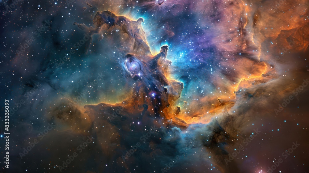 Fototapeta premium A vibrant nebula with swirling clouds of colorful gas and dust, illuminated by distant stars