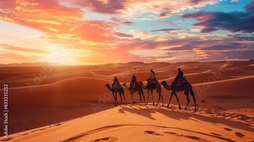 Travelers on a camel trek through a vast desert, with endless sand dunes and a setting sun