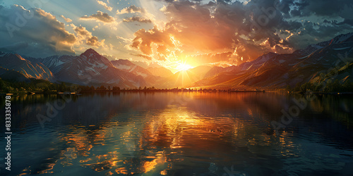  Sunset reflects Christian mountain spirituality for Nature background, wallpaper ,Sun Shining Through Clouds Over Water, Sunset casts a warm glow over mountains and their reflection in a calm lake
 photo