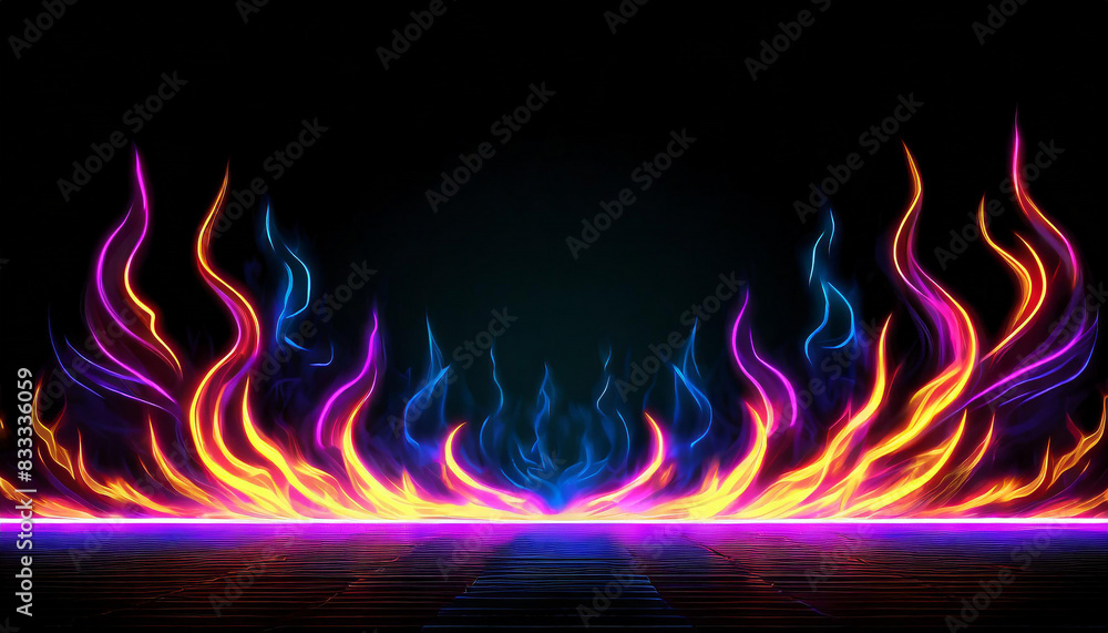 Fototapeta premium Neon glowing Fire flame waves on black background with copy space