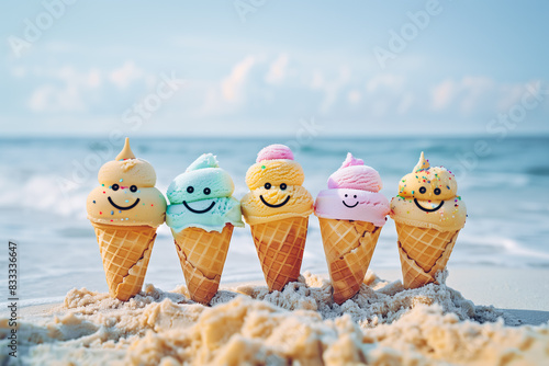 Ice cream cones holiday scenery. Colorful delicious frozen refreshing dessert at the beach in summer.