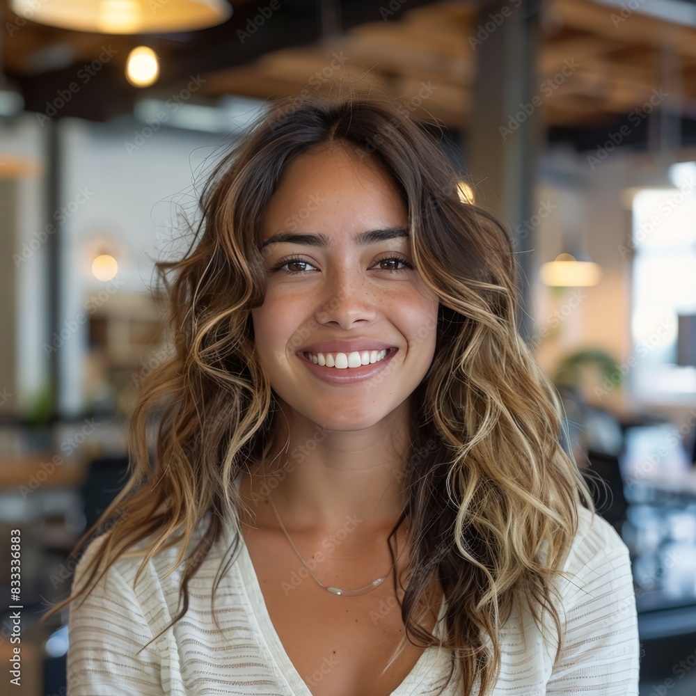 smiling woman with wavy hair in cafe smiling woman with wavy hair in cafe