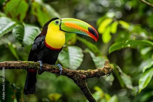 A colorful toucan perched on a branch  its oversized beak and bright plumage making it a captivating sight in the tropical rainforest.