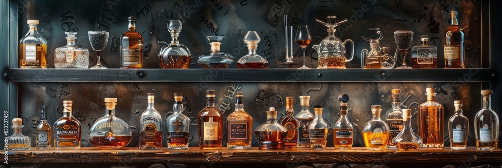 A shelf is packed with a wide variety of bottles of liquor, showcasing an artisanal whisky assortment at an urban event background
