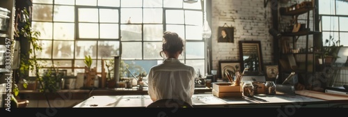 A woman engrossed in work, seated at a desk positioned in front of a window, with sunlight streaming into the workspace
