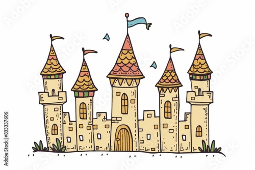 Cartoon cute doodles of a cardboard castle with turrets and flags, Generative AI