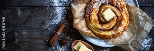 Classic Risengrød with Cinnamon Sugar and a Pat of Butter top down view photo