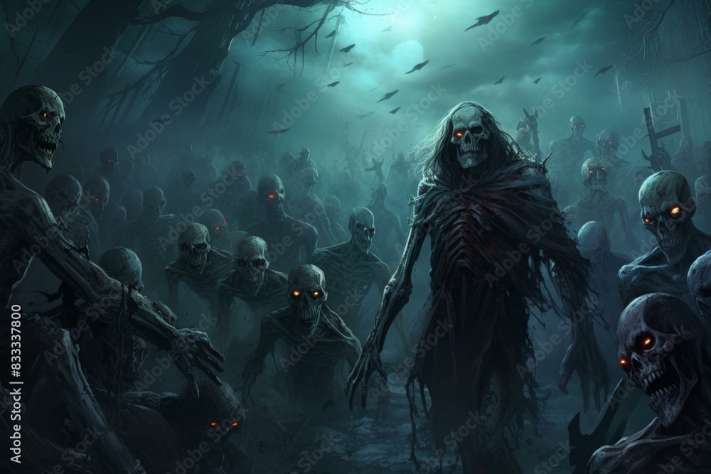 Obraz premium Eerie illustration of a multitude of zombies with glowing eyes in a foggy, nocturnal woodland