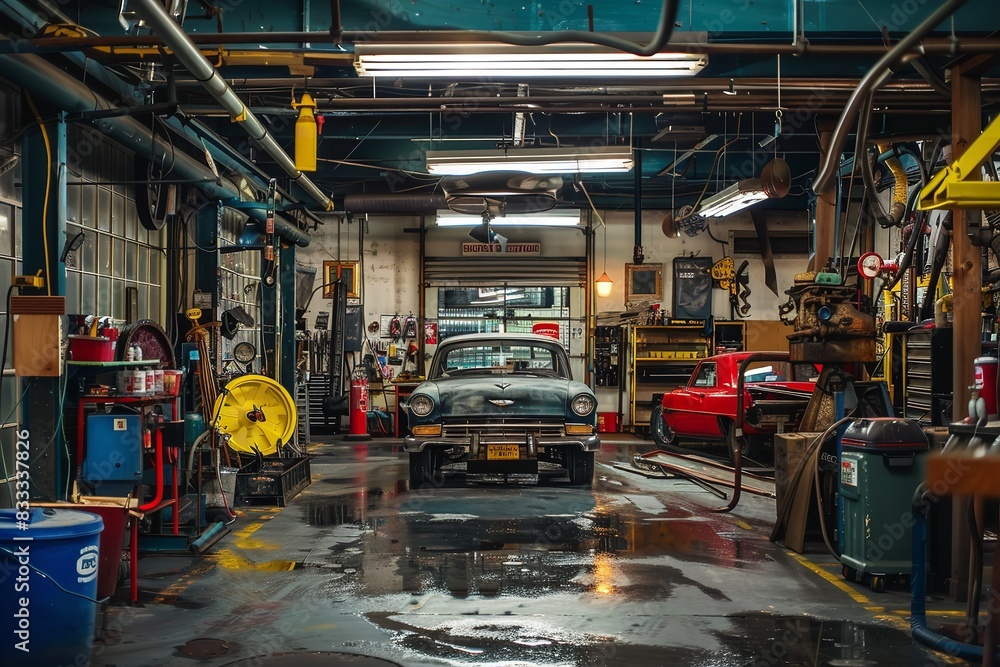 Fototapeta premium Automobile repair mechanic auto shop automotive. Generative Ai
