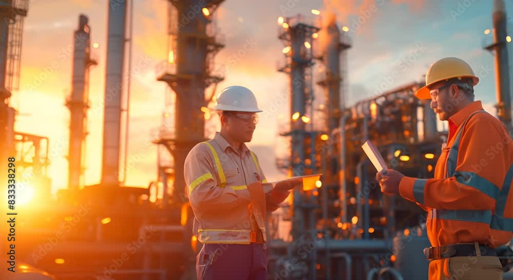 Engineers Inspecting Oil Refinery at Sunset Engineers Inspecting Oil Refinery at Sunset