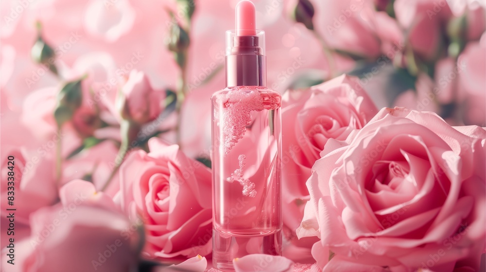 An elegant arrangement of pink roses and a bottle of perfume surrounded by beauty and relaxation essentials like cosmetics, massage oils, and skincare products, reflecting luxury and tranquility An elegant arrangement of pink roses and a bottle of perfume surrounded by beauty and relaxation essentials like cosmetics, massage oils, and skincare products, reflecting luxury and tranquility