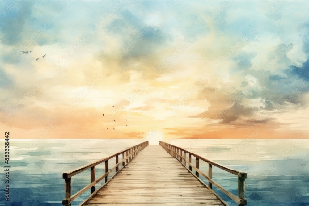 Fototapeta premium Sunset pier watercolor background painting sky boardwalk.