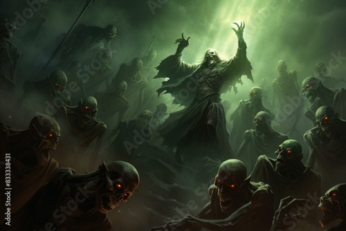 Eerie fantasy artwork of a necromancer raising a horde of skeletal warriors in a green-lit abyss