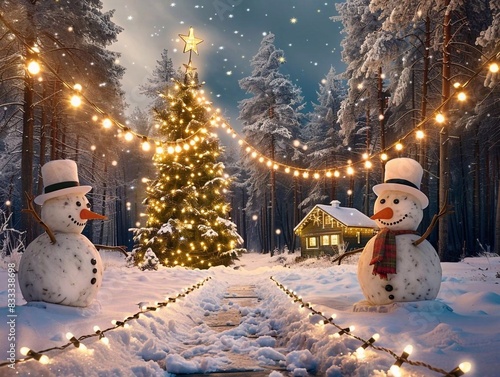 Photo Merry Christmas Background, Christmas Design, Christmas Template, snowman. Christmas tree. generative ai art