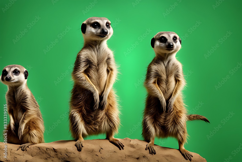 Fototapeta premium Meerkat Trio on Green Screen Background