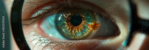 Close-up of a scientists eye using a magnifying glass to closely examine a specimen
