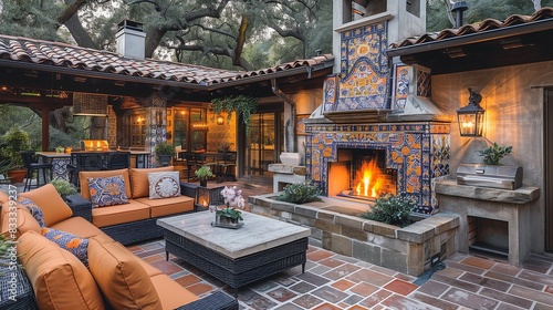 Stylish Mediterranean patio with door fireplace and vibrant tilework photo