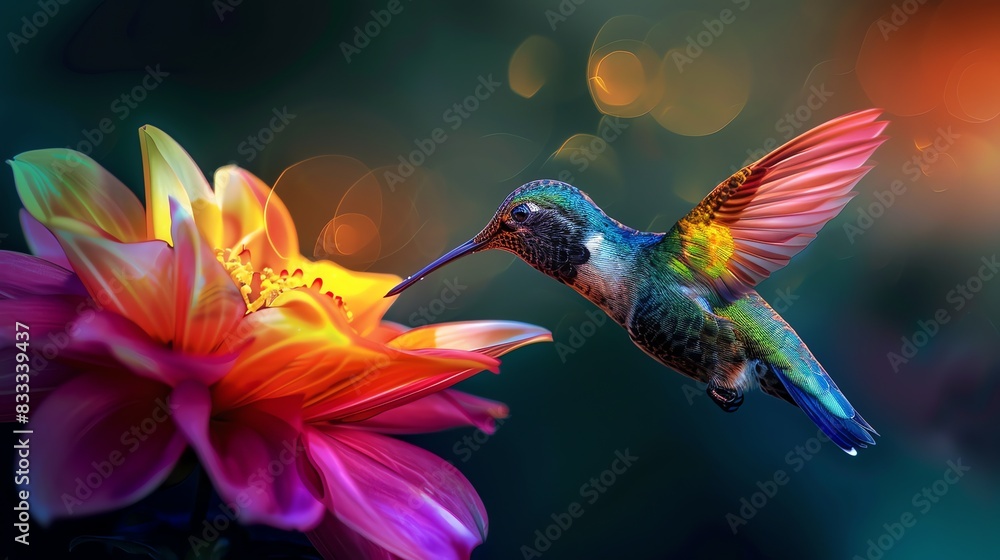 A vibrant hummingbird hovers near a flower, its long beak extracting nectar from the blossom. A vibrant hummingbird hovers near a flower, its long beak extracting nectar from the blossom.