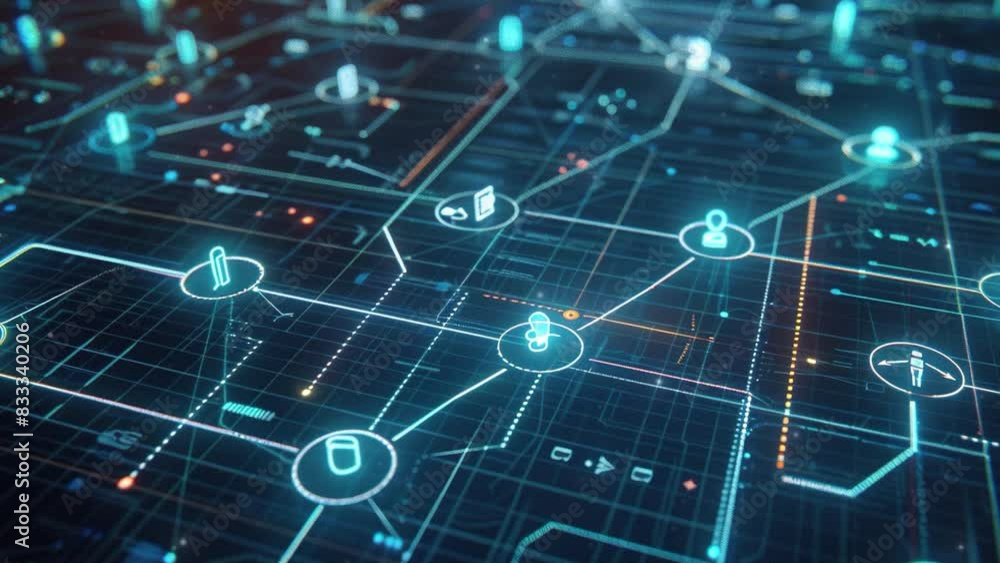 Modern urban setting. Smart city and communication network concept. Network connection structure. Technology background. Animation of network of connections with icons. Communication background. 4K