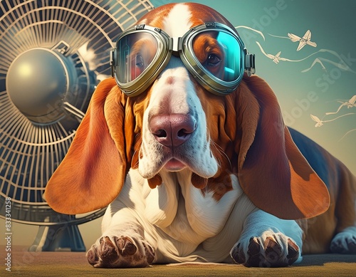 Un chien basset portant des lunettes de vol assis devant un ventilateur_ photo