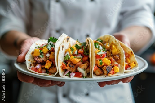 Authentic Mexican Flavors: A Chef Presents a Plate of Mouthwatering Gourmet Tacos, Showcasing the Rich Culinary Heritage of Mexico.