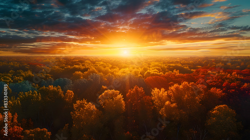 A sunset as seen from the top of a forest, we see the too of many different color trees photo