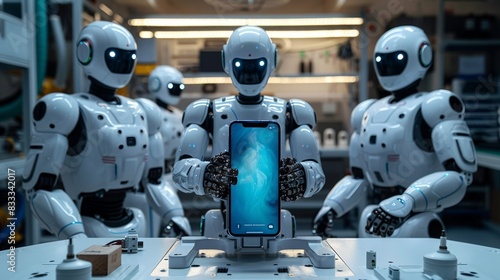 A robot with a smartphone in its hands. The future. Cyborg holding a smartphone indoors