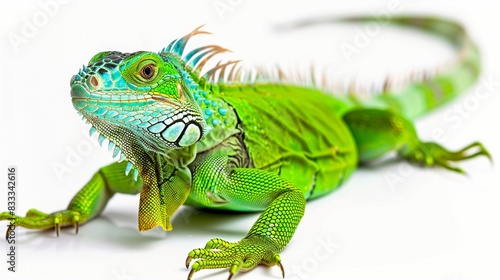 A vibrant green iguana, its bright scales contrasting against a transparent background, rendered with incredible realism