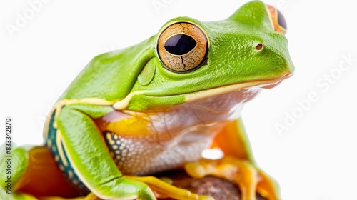 A vibrant green tree frog  perched delicately against a transparent background  its bright colors captured with lifelike precision