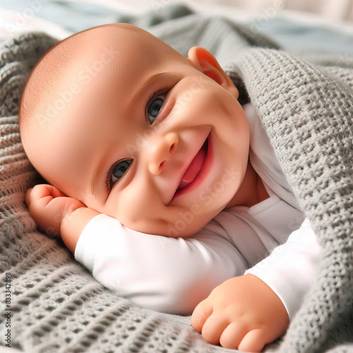Bebé sonriente acostado sobre una manta en la cama