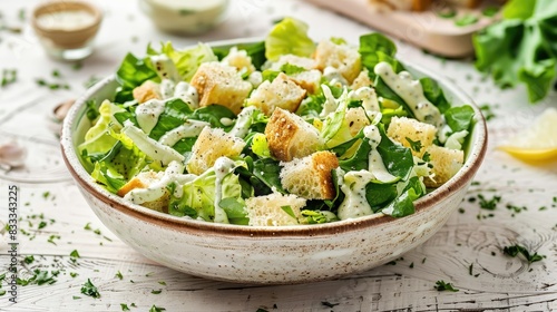 A large ceramic bowl filled with Caesar salad topped with Caesar dressing cream on a white wooden table