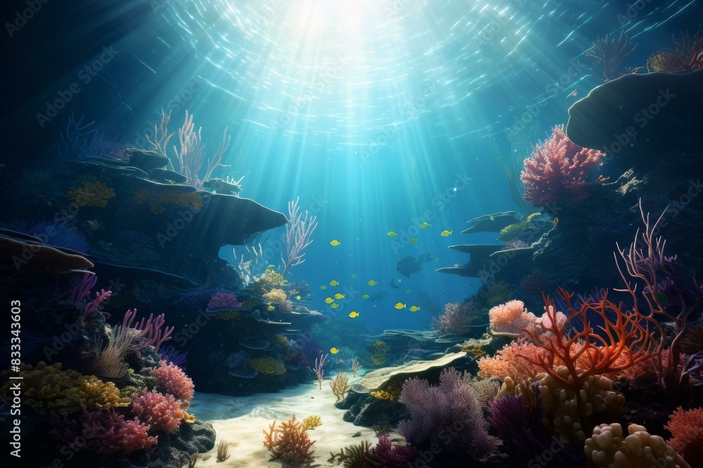 Vibrant underwater scene with sunbeams illuminating colorful coral reef and tropical fish