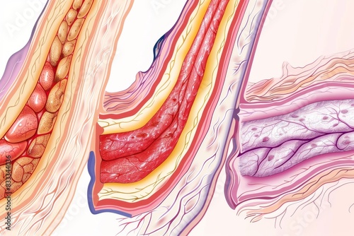 Illustration of the stages of atherosclerosis in the arteries