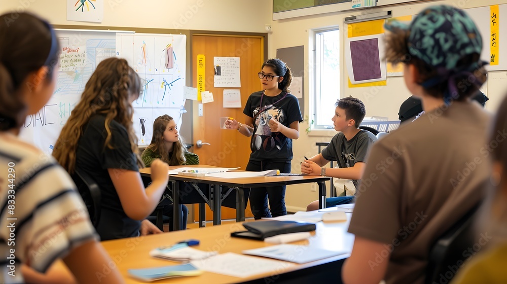 A diverse group of students engaged in a classroom discussion, collaborating on a project with their teacher guiding them through the task. A diverse group of students engaged in a classroom discussion, collaborating on a project with their teacher guiding them through the task.