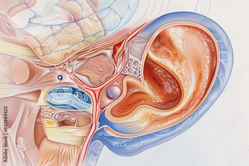 Medical illustration of the human ear detailing the outer, middle, and ...