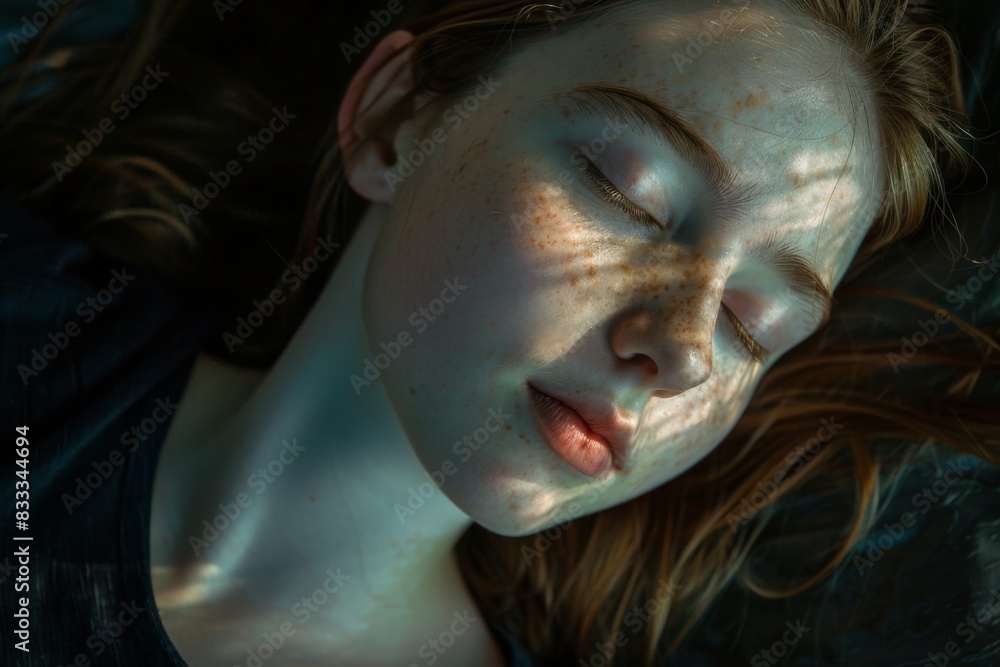 Close-up of a young woman lying down, her face bathed in soft sunlight, capturing a peaceful moment of rest and introspection Close-up of a young woman lying down, her face bathed in soft sunlight, capturing a peaceful moment of rest and introspection