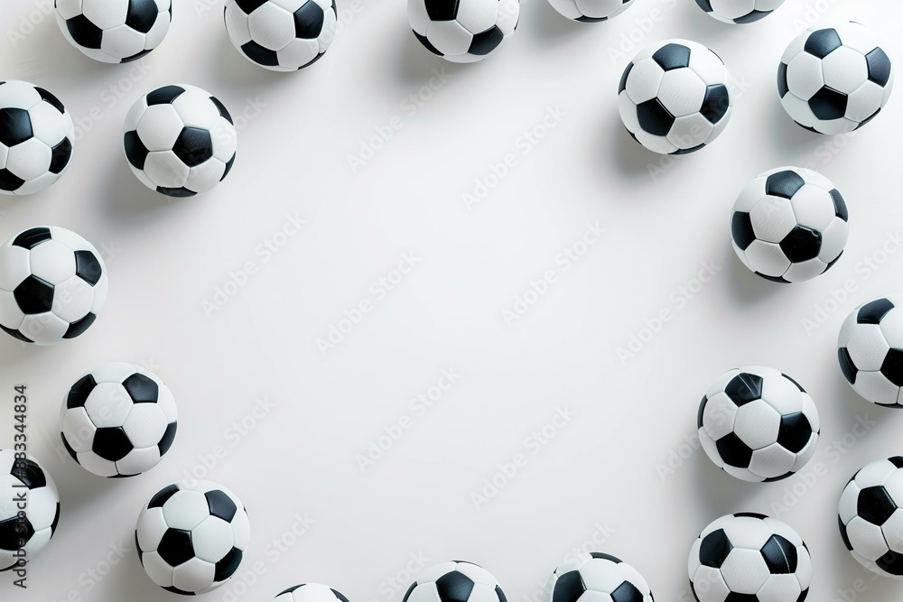 White background with soccer balls. Frame made of balls. Classic football. Sport game. Sports betting, competitions. Active lifestyle White background with soccer balls. Frame made of balls. Classic football. Sport game. Sports betting, competitions. Active lifestyle
