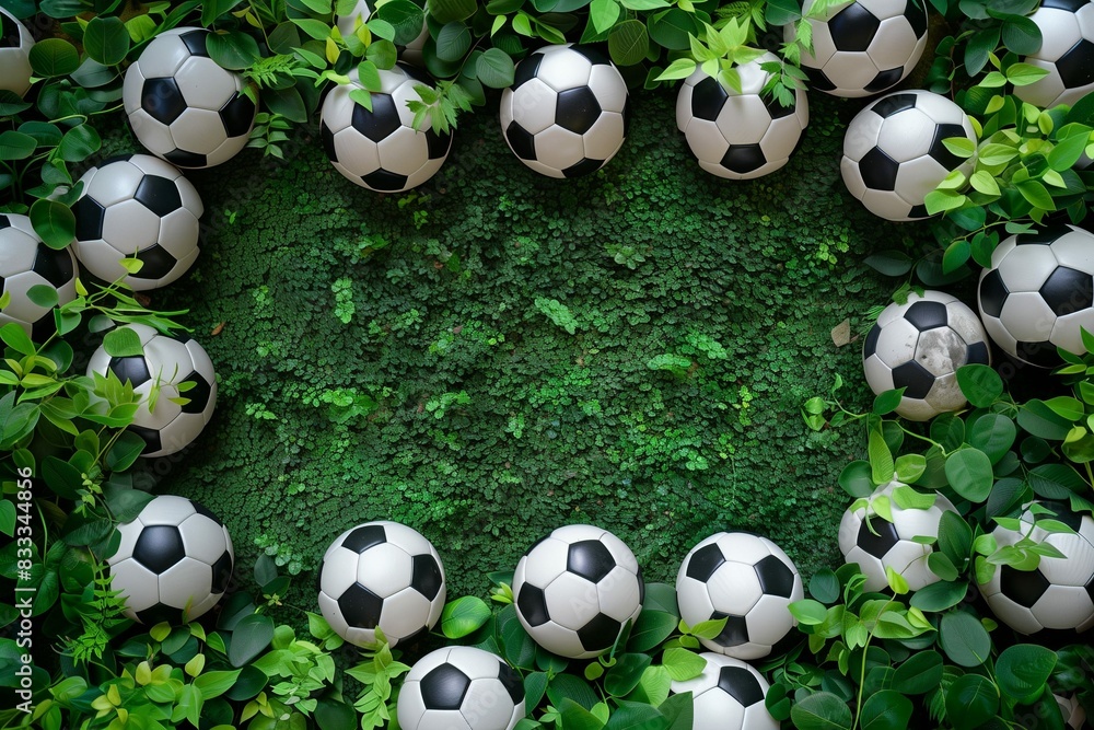 Natural background fron grass and leaver on football field with soccer balls. Frame made of balls. Classic football. Sport game. Sports betting, competitions. Active lifestyle Natural background fron grass and leaver on football field with soccer balls. Frame made of balls. Classic football. Sport game. Sports betting, competitions. Active lifestyle