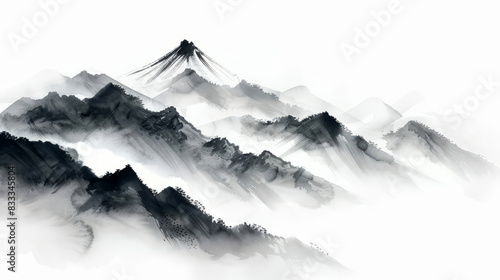 Minimalist ink painting of misty mountain range on white background